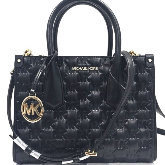 NWT ✅  Michael Kors MAPLE Small MK Embossed Leather Satchel BLACK ✨NWT - Picture 1 of 14